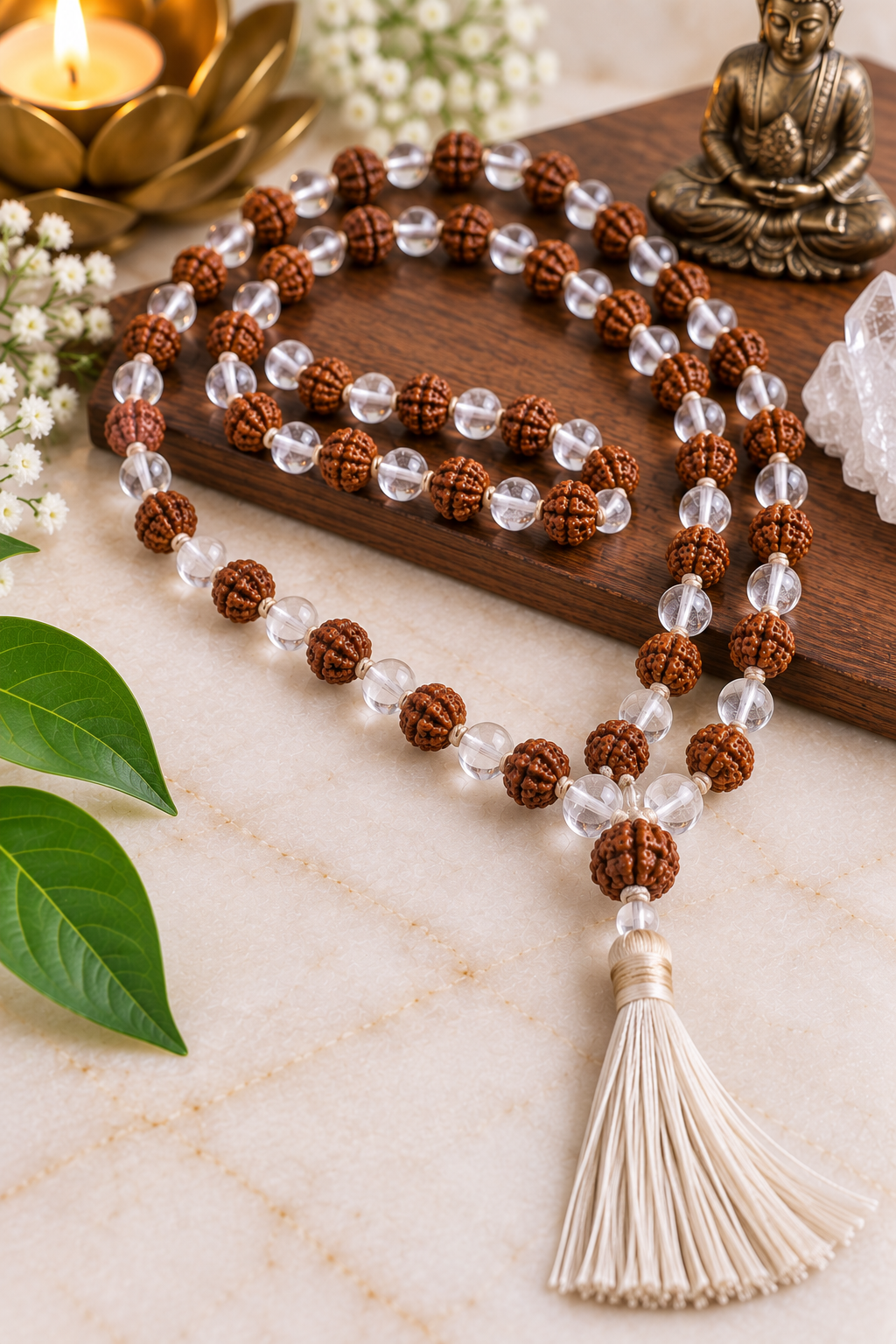 Rudraksha + Clear Quartz Crystal Mala